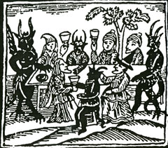 16th century German woodcut of witches an d devils drinking wine together