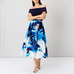 printed skirt and navy top from Coast