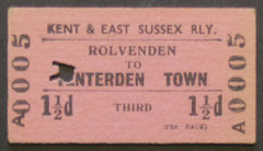 A Rolvenden to Tenterden Town Railway Ticket.