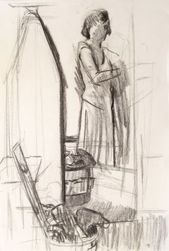 Kate Kern Mundie, Self Portrait with Tool and an Ironing Board, 18 x 12 inches, charcoal on paper