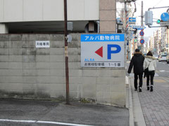 京都市　アルバ動物病院　専用駐車場入り口