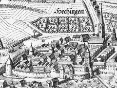 Östlicher Bereich der ummauerten Stadt Hechingen, Kupferstich von Matthäus Merian, um 1650, gemeinfrei