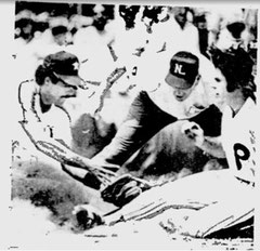 Pete Rose is tagged out trying to advance to third on Bake McBride's single.