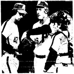 Randy Lerch is lifted in the 9th inning of his first win of the season.