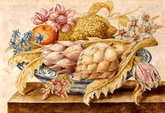 OCTAVIANUS MONFORT Piatto con cedro, arancia, fiori e carciofi (1600)