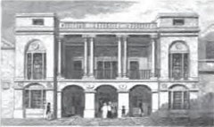 The Birmingham Theatre. Image from Beilby, Knott & Beilby 1830 An Historical and Descriptive Sketch of Birmingham, a work in the public domain.