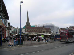 The Bull Ring market, St Martin's and the new Bullring centre in the background