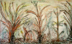Vegetation, Kreide und Kohle und Acryl und Holz, 80x 130 cm, 400 €