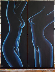 "Weiblicher Akt in blau", Acryl auf Leinwand, jeweils 50 cm x 20 cm; zusammen 145 Euro