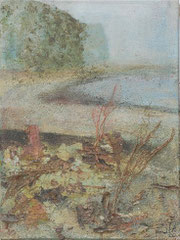 Bank of the Elbe 2, 2002 _____ 40x30 acrylic, sand, grass, bark on cotton