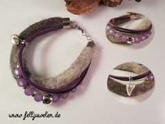 AB 37: Ein Fellstrang aus Hundehaare (nur aus gebürsteter Unterwolle möglich) ,it Lederbändern, Polarisperlen, Silberperle und einem Herz aus 925er Sterlingsilber als Armband gestaltet. Der Verschluss ist aus Edelstahl. Preis:75 Euro