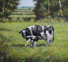 º Koe met pasgeboren kalf, o/a/p, 22,6x20,6cm