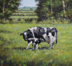 º Koe met pasgeboren kalf, o/a/p, 22,6x20,6cm