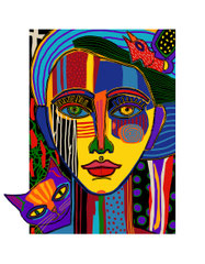 mujer con gato y pájaro