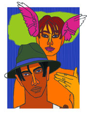 mujer con alas magenta