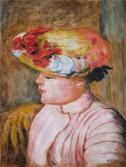 035 Junge Frau mit Blumenhut - Mischtechnik, 40x30cm (12.2010) - [nach einem Ölbild von Pierre-Auguste Renoir von 1892]