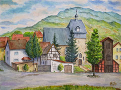 291 Beutnitz, an der Kirche - Aquarell, 24x32cm (02.-06.2020) - nach eigener Zeichnung