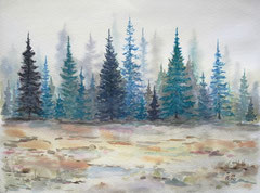 070 Nadelwald im Nebel - Aquarell, 24x32cm (04.2012) - [nach einem russischen Künstler]