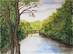 021 Fluß mit Holzbrücke - Aquarell, 24x32cm (09.2010) - [nach einem Aquarell-Kalender, Künstler unbekannt]