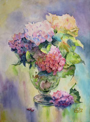 327 Hortensienblüten in einer Vase - Aquarell, 31x23cm (05.2022) - [nach Frank Liao Xiaoping] - verkauft