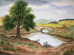 023 Landschaft mit Steinbrücke - Aquarell, 24x32cm (10.2010) - [nach Ulrike Rochlitzer]