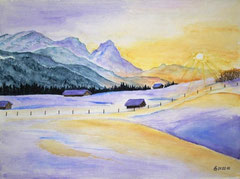 007 Winterlandschaft (Abenddämmerung an der Zugspitze) - Aquarell, 24x32cm (02.2010) - nach einem Kalenderfoto