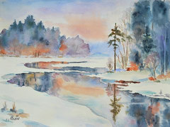 088 Winter am See (Kiefern) - Aquarell, 23x30,5cm (11.2012) - [nach Maria Ginzburg, Schweden] - verkauft