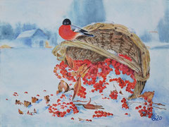303 Vogelbeeren unter dem Schnee - Aquarell, 24x32cm (11.2020) - [nach Tatiana Bechtgold]