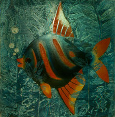 46 Fantasie-Fisch - Ölfarben getupft auf Sprelacart, ca 50x50cm (~1977)