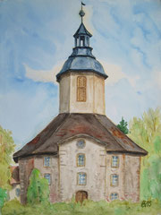 177 Wöllnitz, Kirche - Aquarellskizze, 32x24cm (05.2015) - vor Ort - verkauft