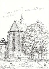 55 Lobeda Altstadt, Kirche - Fineliner, A4 (07.-08.2018) - nach Foto