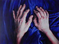 Hands on Blue Fabric oil on Canvas 3'x4' Rosanna Lyons $2750
