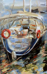"The yacht Jeanne" 2012 acrylic on cardboard 15/35 cm . Donated in private collection in Tenerife island