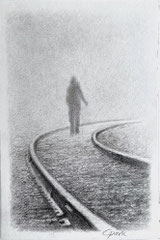 Weg im Nebe, Zugschiene entlang, Bleistiftzeichnung, unendliches Horizont, Zeichnung in Bleistift, Cecily Park 