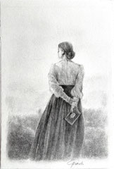 Frau auf dem Feld, Frau auf dem Hügel, Edle Bleistiftzeichnung, Stimmungsvolle Zeichnung in Bleistift, Cecily Park
