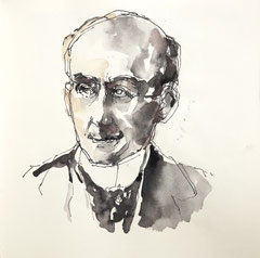 Portrait von Philosoph Henri Bergson in Tusche, Tuschezeichnung im Original von Cecily Park 