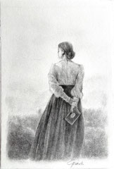 Frau auf dem Feld, Frau auf dem Hügel, Edle Bleistiftzeichnung, Stimmungsvolle Zeichnung in Bleistift, Cecily Park