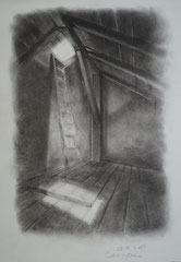 Lichtstrahl. Licht und Schatten, Kohlenzeichnung, Zeichnung in Zeichenkohle, Architekturzeichnung,, Cecily Park