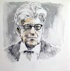 Portrait Tusche Kunst: Bild von Philosoph Ernst Bloch in Tusche, Originale Portraitkunst in Tuschezeichnung 