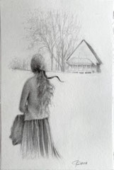 Heimat, Bleistiftzeichnung, Frau vor dem Haus, Edle Bleistiftzeichnung, Stimmungsvolle Zeichnung in Bleistift, Cecily Park