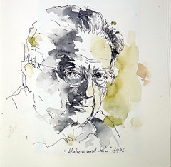 Portrait Tusche Kunst: Bild von Erich Fromm - Originale Portraitkunst in Tuschezeichnung 