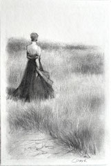 Frau auf dem Feld, Zeichnung in Bleistift, Feine Bleistiftzeichnung, Cecily Park
