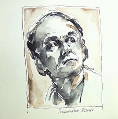 Portrait Tusche Kunst: Bild von Pianist Sivatoslav Richter, Originale Portraitkunst in Tuschezeichnung 