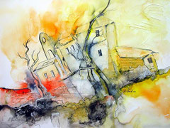 Villagio Vecchio, Aquarell-Spachteltechnik, 47x35cm, - verkauft