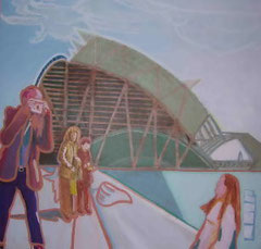 Un dia en el museo. 120 x 120. Acrilico sobre tabla