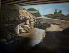 Rio Vinalopo. 81 x 100. Oleo sobre lienzo. Vista del rio a primeros del mes de Octubre. Tonos ocres que contrastan con la oscuridad de las zonas umbrias y el azul celeste.