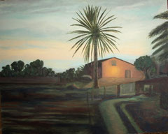 Desde casa Sofia. 81,5 x 65,5. Oleo sobre lienzo. El cuadro intenta capturar un instante en el atardecer,es un contraluz pronunciado. Roto por una zona iluminada en la fachada de la casa. Protagonista indiscutible la palmera central.