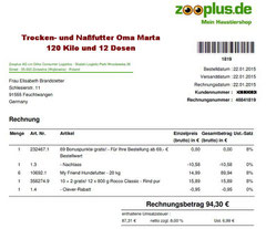 4 Rg. 22. Jan. 2015 - € 94,30 Oma Zooplus FutterBestellung 48841819 