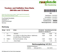 6 Rg. 14. April 2015 - € 147,72 Oma Zooplus Bestellung 51941223