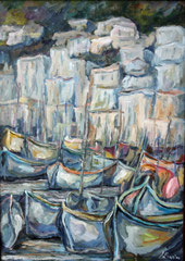 Porticciolo ligure, 1993. Olio su tela, cm. 50 x 70.